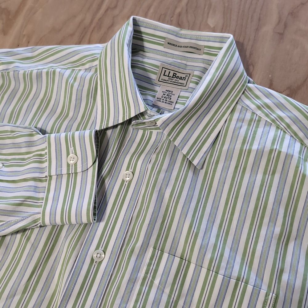 LL Bean Mens‎ M Shirt Wrinkle + Stain Resistant Green Blue Striped Button Down